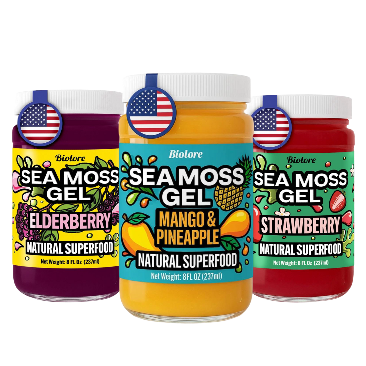 Sea Moss Gel (Pack of 3) Mango Pineapple, Strawberry, Elderberry – Sea Moss Starter Pack