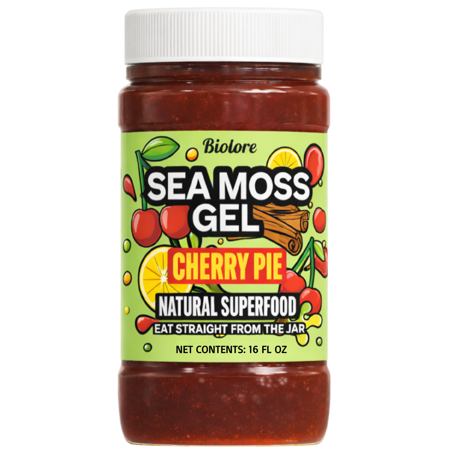 Bottle of Biot Lore Sea Moss Gel Cherry Pie flavor on a white background