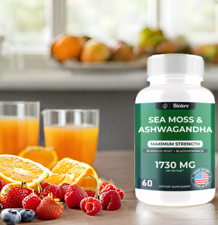 Sea moss and ashwagandha supplement bottle with fresh fruits and juice representing natural wellness and daily health support.