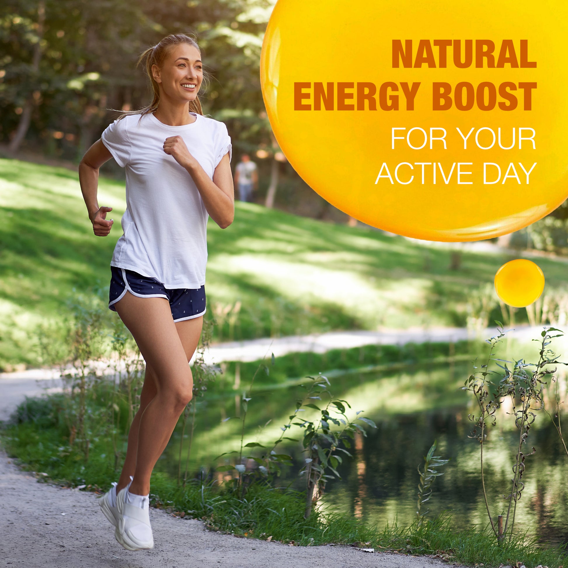 Fit woman running along a park path near water, representing sustained energy and vitality for an active daily routine.