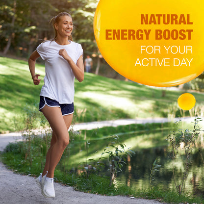 Fit woman running along a park path near water, representing sustained energy and vitality for an active daily routine.