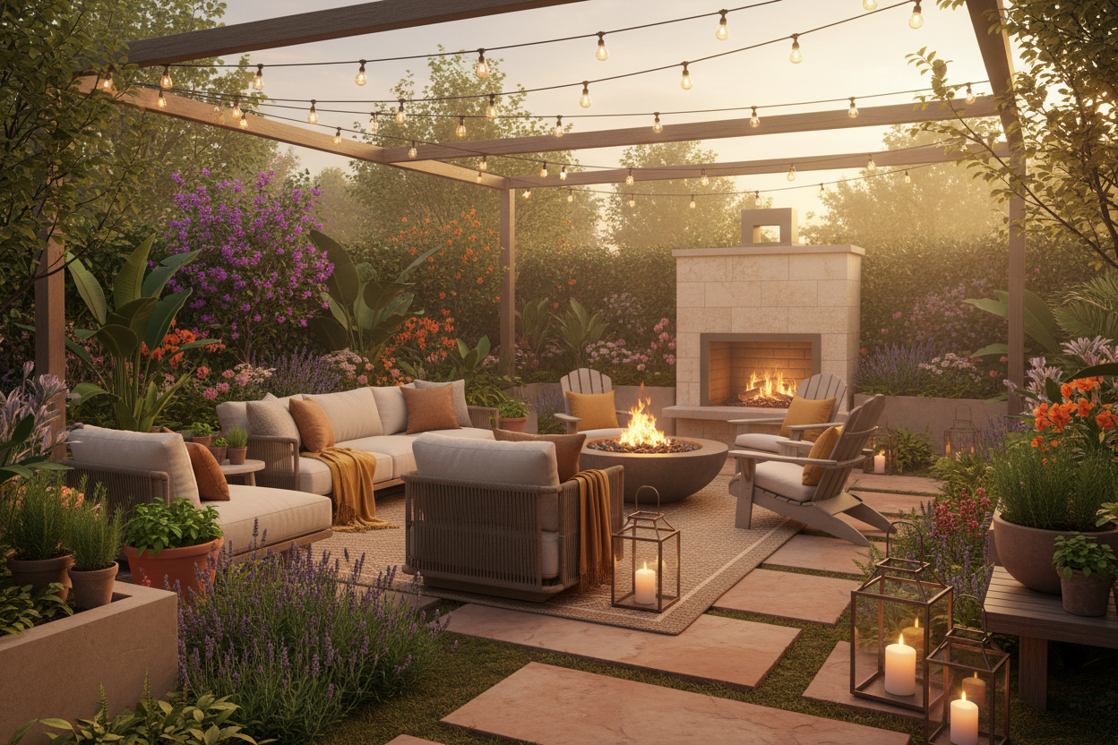 Outdoor patio with seating area, fire pit, and string lights in a garden setting.