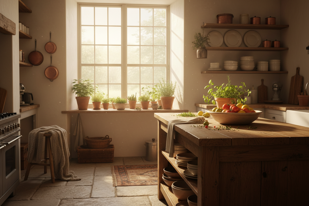Cozy kitchen with wooden island, potted plants, and large window.