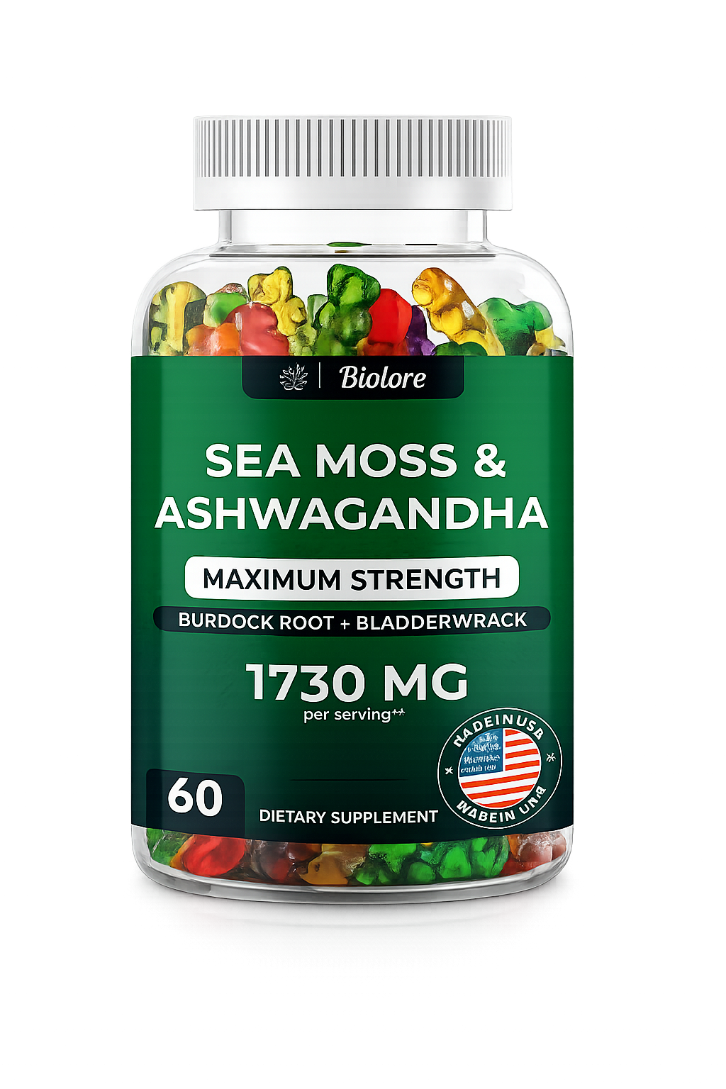 Supplement bottle labeled 'Sea Moss & Ashwagandha' with colorful gummy bears on a white background