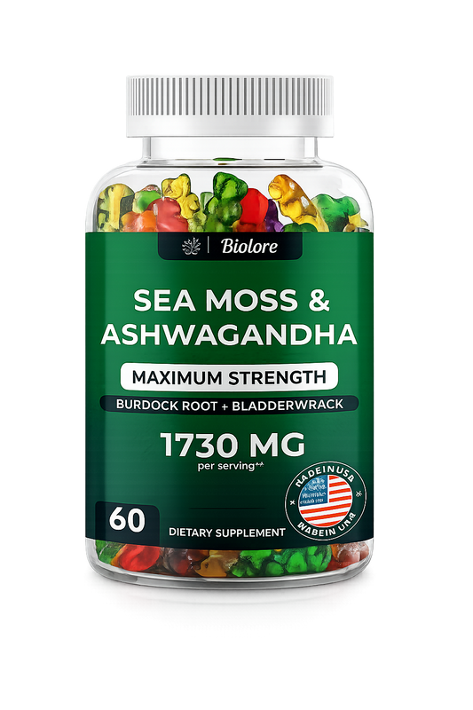 Supplement bottle labeled 'Sea Moss & Ashwagandha' with colorful gummy bears on a white background