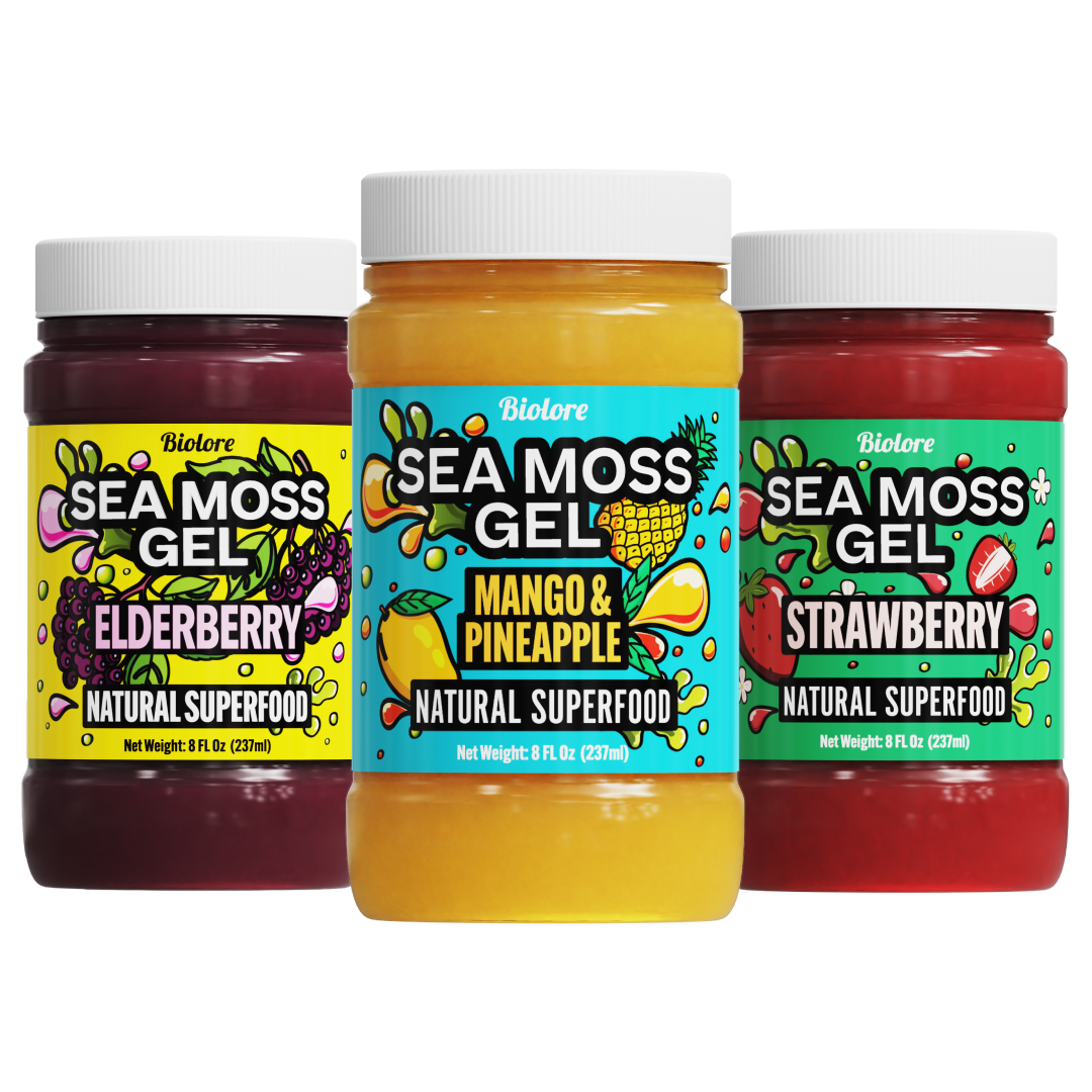 Three jars of sea moss gel with colorful labels on a white background