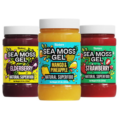 Three jars of sea moss gel with colorful labels on a white background