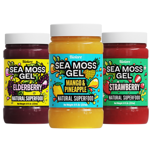 Three jars of sea moss gel with colorful labels on a white background