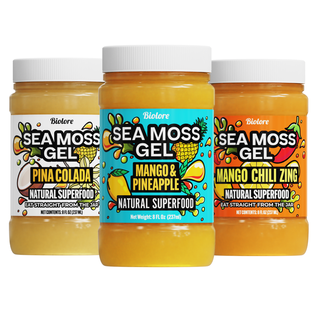 Three jars of Biolore Sea Moss Gel with different flavors on a white background