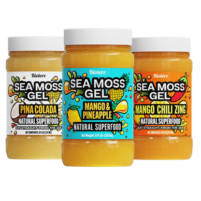 Three jars of Biolore Sea Moss Gel with different flavors on a white background