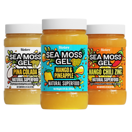 Three jars of Biolore Sea Moss Gel with different flavors on a white background