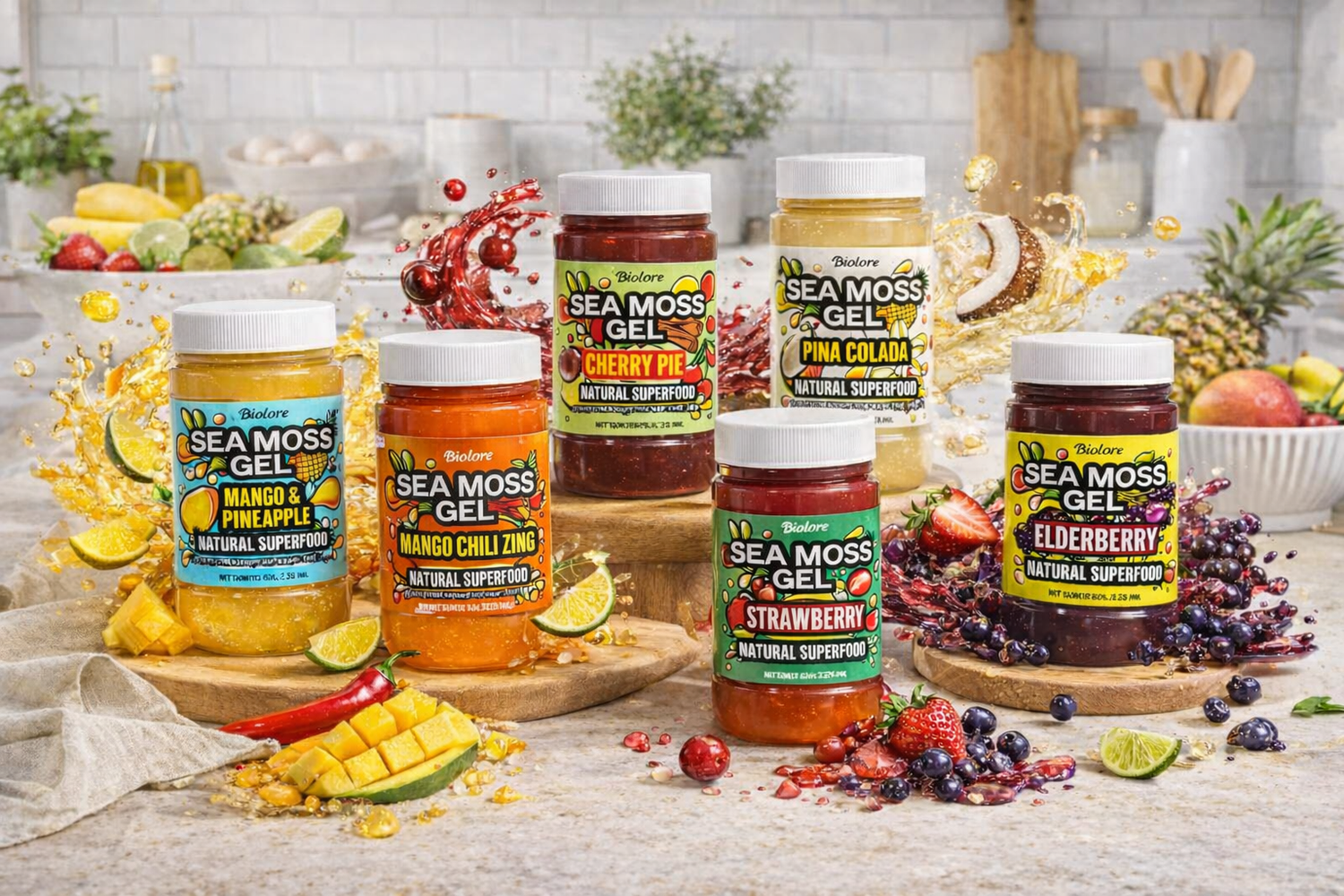 Assorted jars of Sea Moss Gel on a table with fruits and a kitchen background