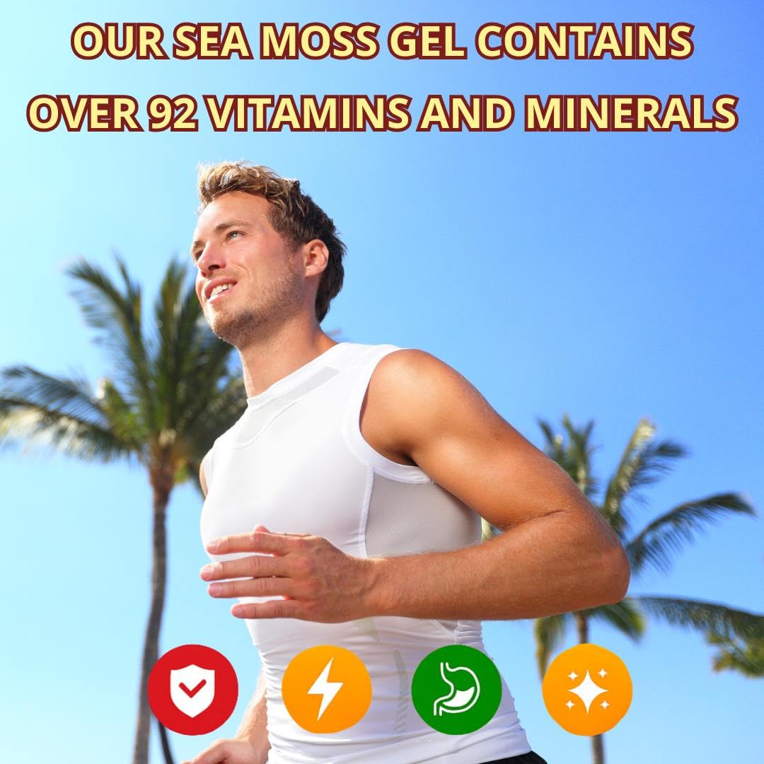 Man running outdoors highlighting sea moss gel benefits with vitamins minerals energy and wellness.