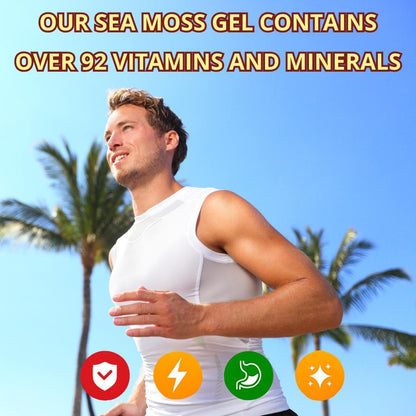 Man running outdoors highlighting sea moss gel benefits with vitamins minerals energy and wellness.