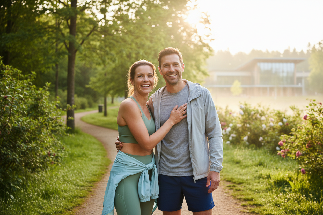 Couple standing on a path in a park, smiling at the camera.