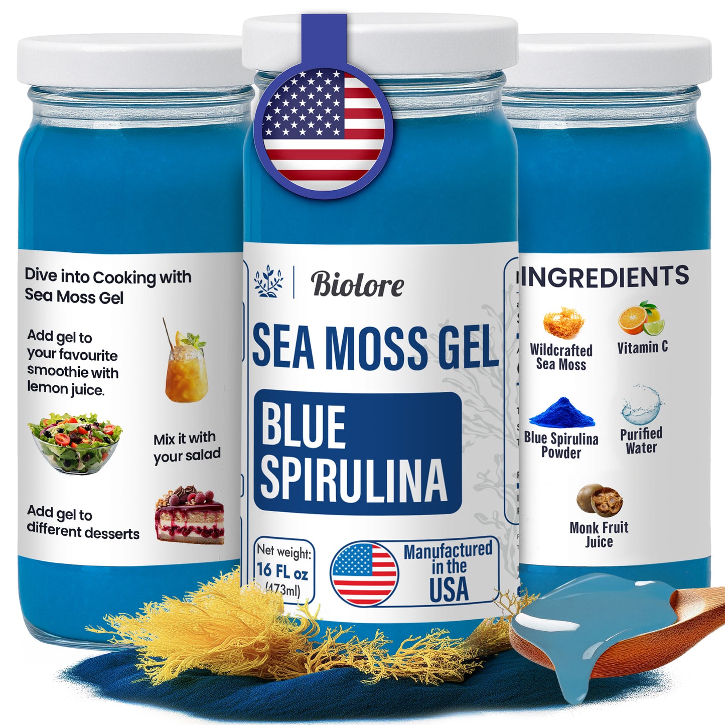 Biolore blue spirulina sea moss gel jars showing ingredients and ways to use in smoothies salads and desserts.