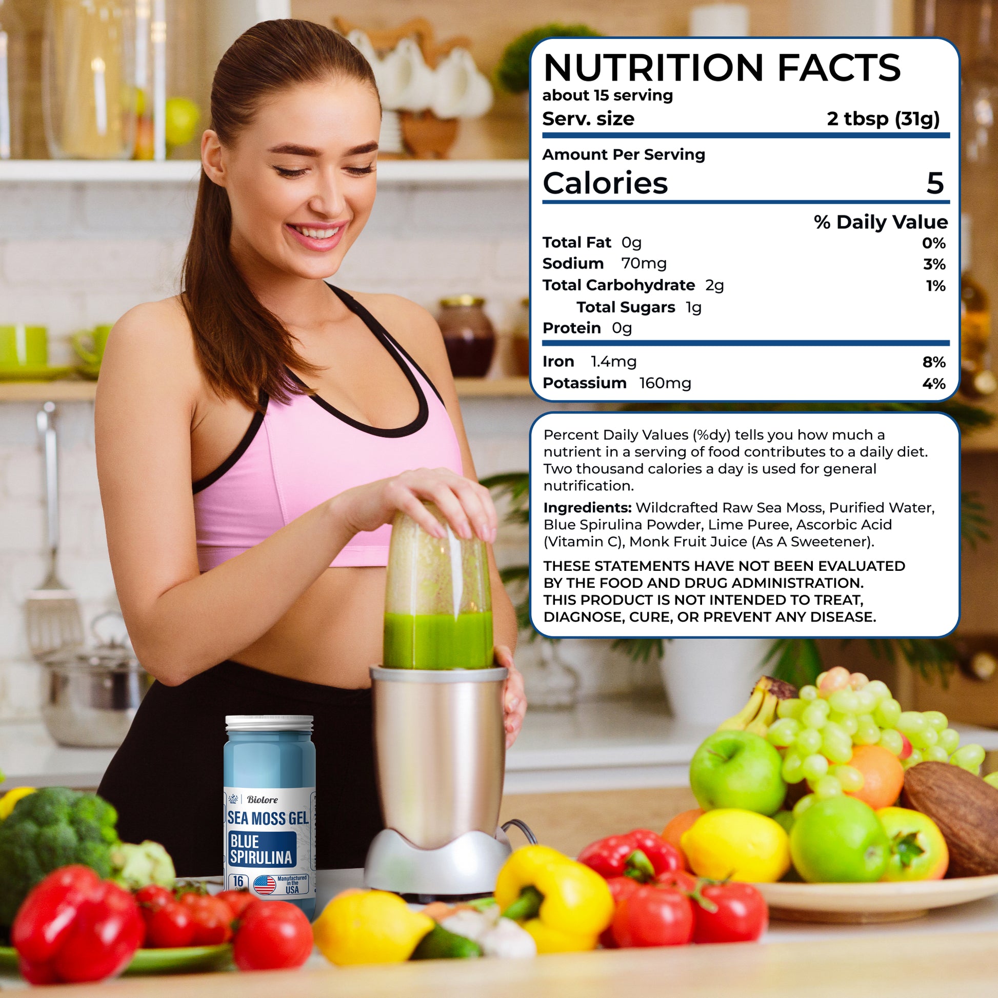 Woman making a green smoothie with Biolore blue spirulina sea moss gel and nutrition facts label shown.
