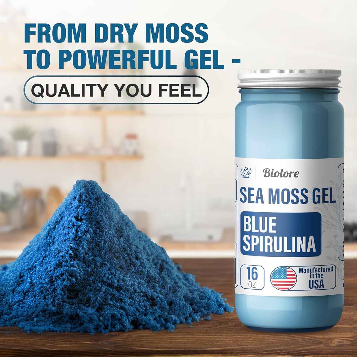 Biolore blue spirulina sea moss gel jar with blue spirulina powder natural superfood.