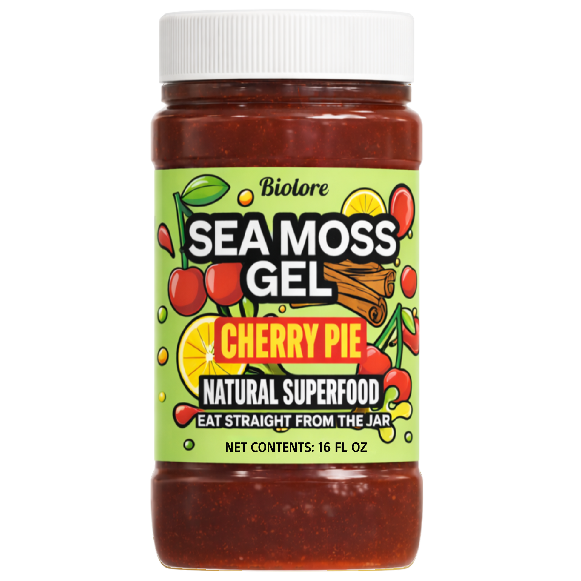 Bottle of Biot Lore Sea Moss Gel Cherry Pie flavor on a white background