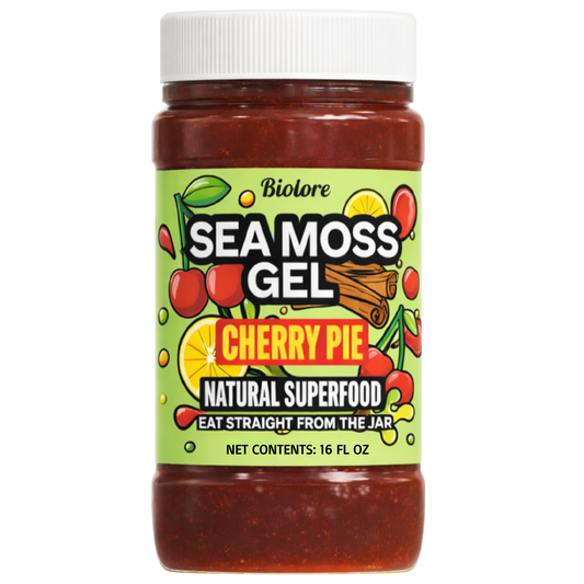 Bottle of Biot Lore Sea Moss Gel Cherry Pie flavor on a white background