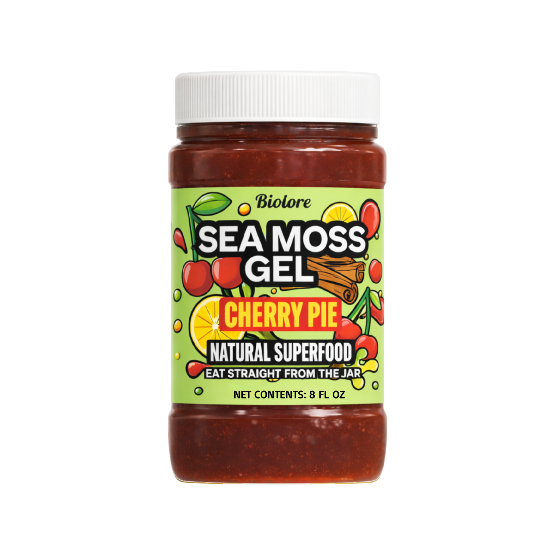 Bottle of Sea Moss Gel Cherry Pie flavor on a white background