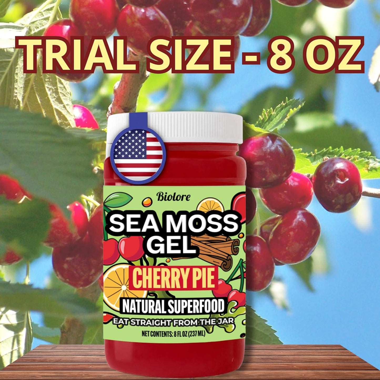 Biolore cherry pie sea moss gel 8oz trial size jar with fresh cherries.