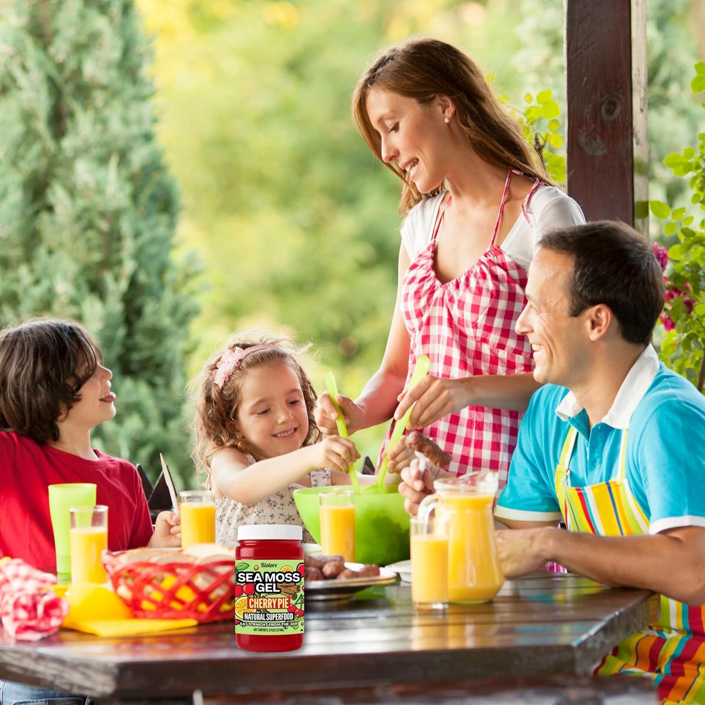 Family enjoying a meal together with Biolore cherry pie sea moss gel as part of a healthy lifestyle.
