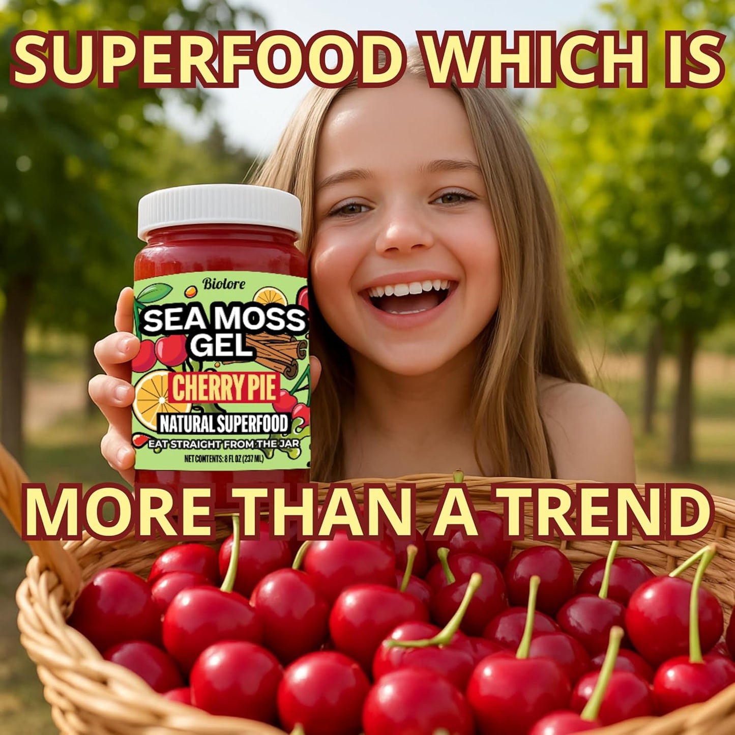 Child holding Biolore cherry pie sea moss gel with fresh cherries representing a natural superfood lifestyle.