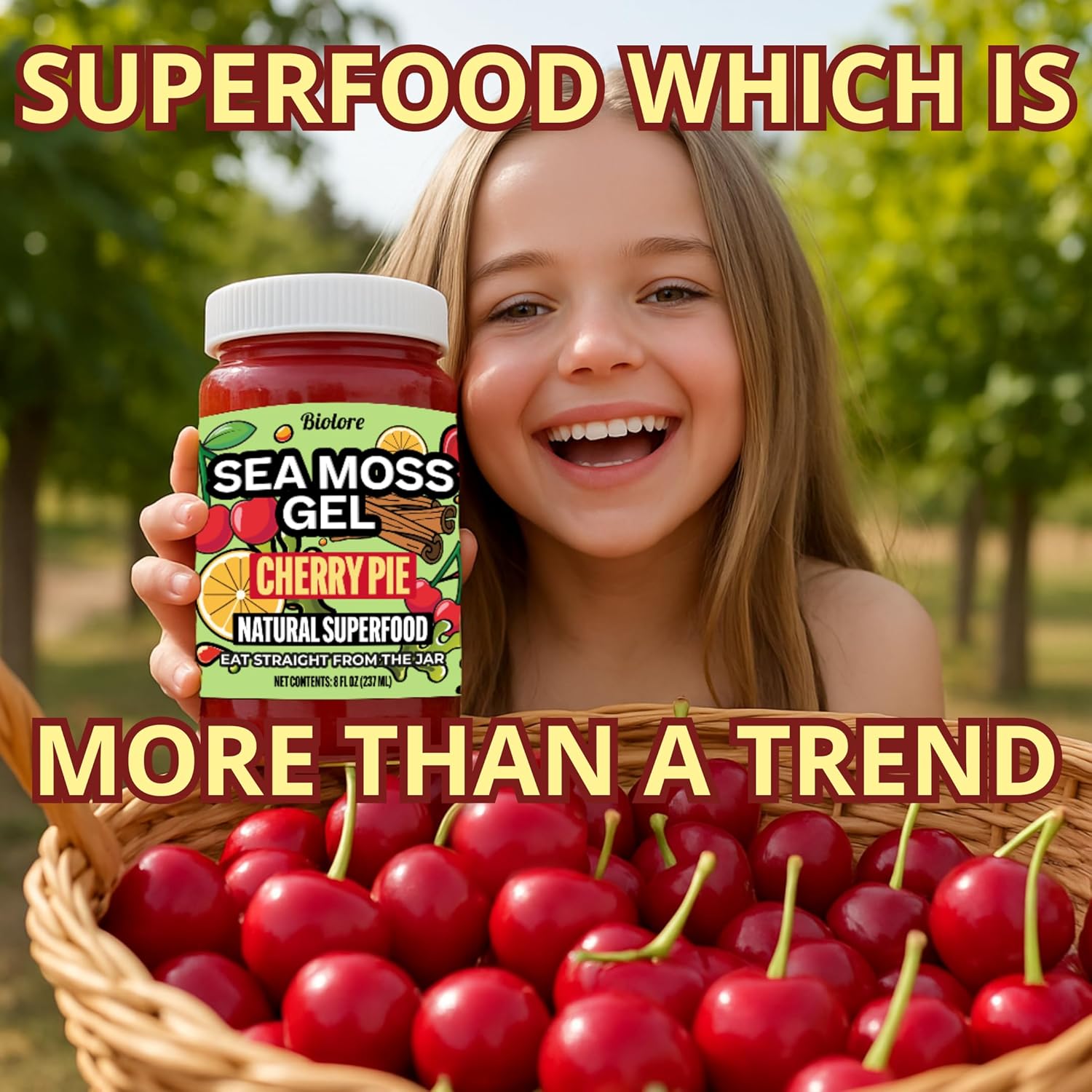 Child holding Biolore cherry pie sea moss gel with fresh cherries representing a natural superfood lifestyle.