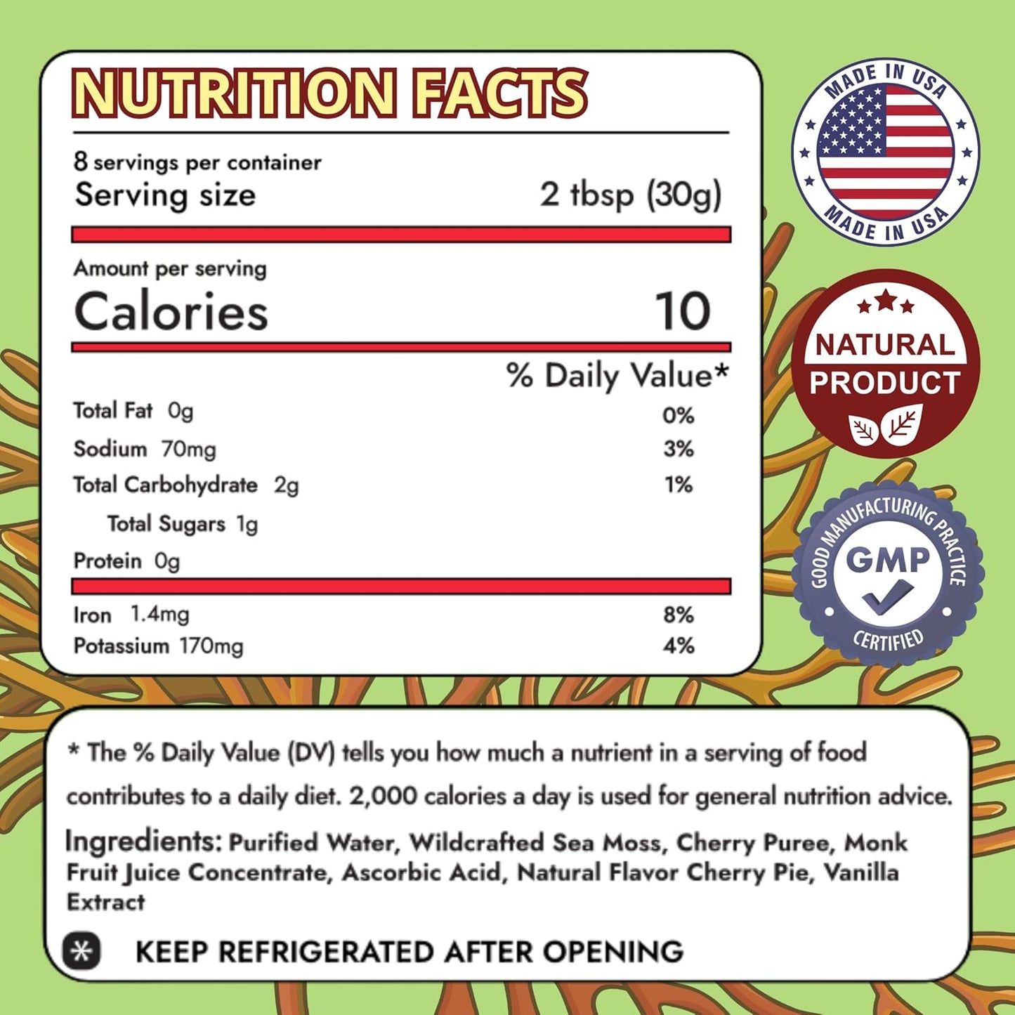 Nutrition facts label for cherry pie sea moss gel with natural product and GMP certified icons.