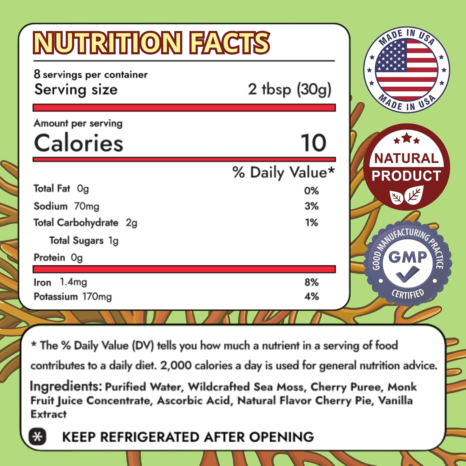 Nutrition facts label for cherry pie sea moss gel with natural product and GMP certified icons.