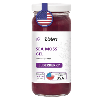 Jar of sea moss gel with an American flag label on a white background