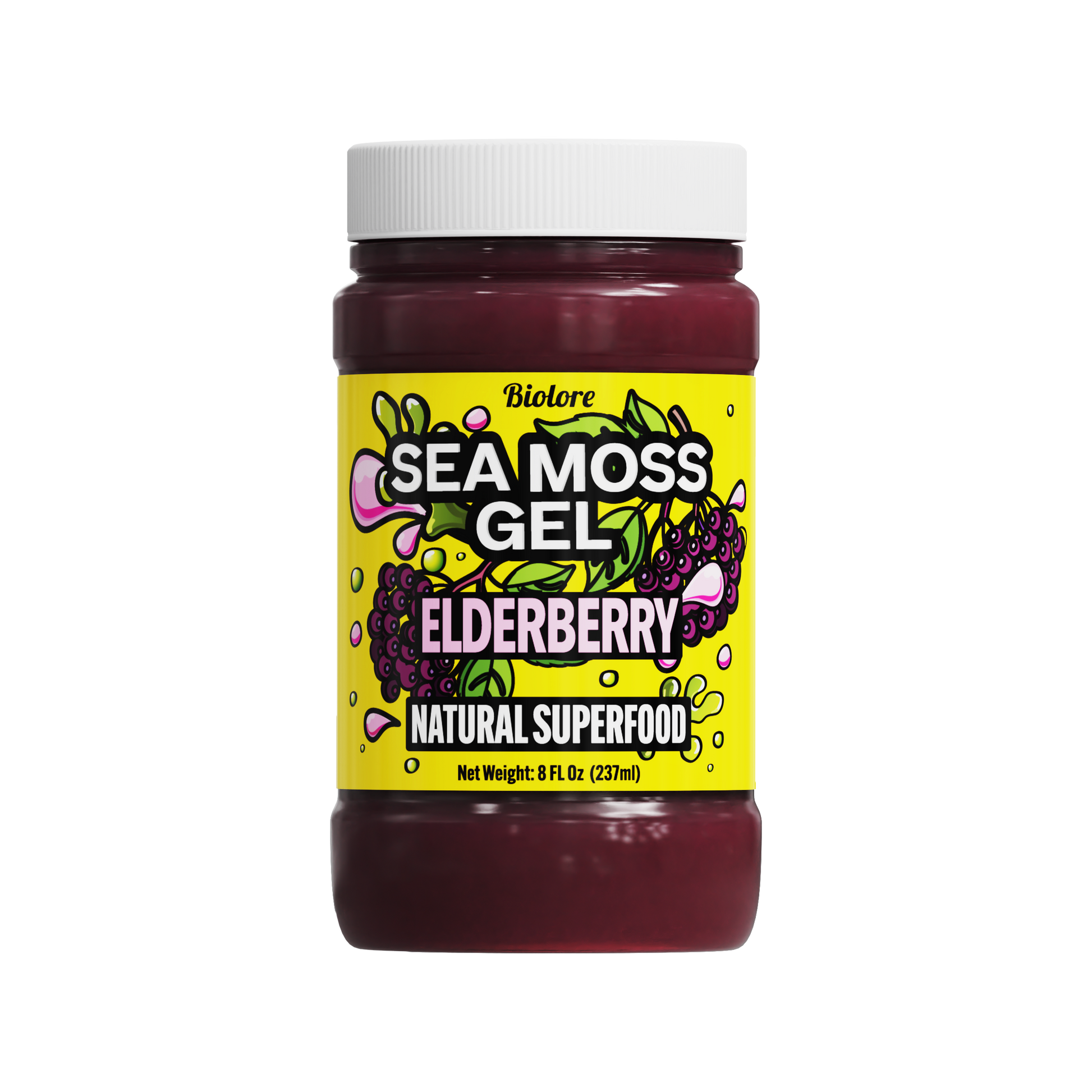 Sea moss gel jar with yellow label on a white background