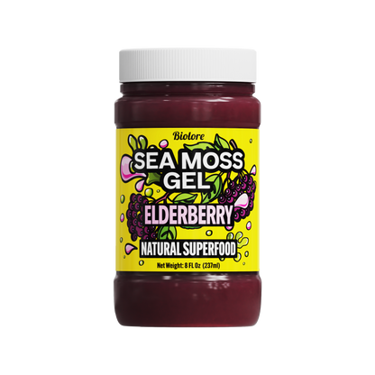 Sea moss gel jar with yellow label on a white background