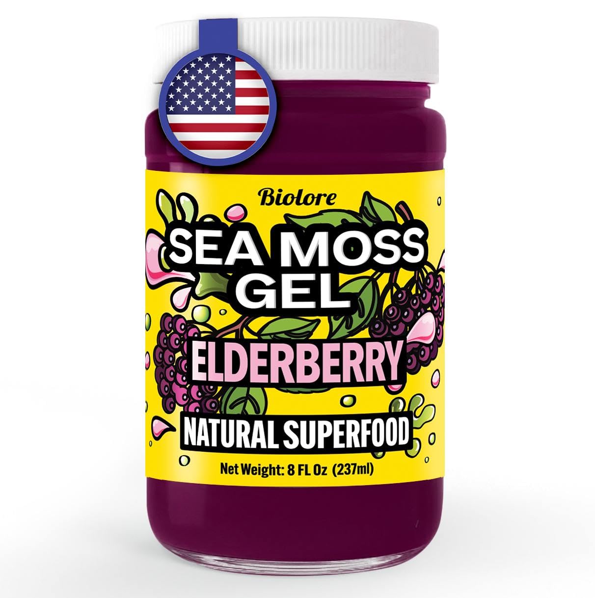 Biolore elderberry sea moss gel jar natural superfood with made in USA label.