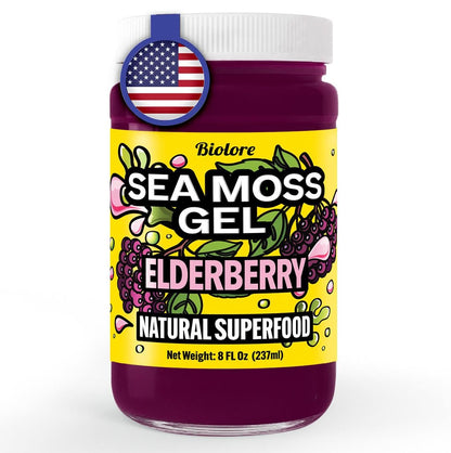 Biolore elderberry sea moss gel jar natural superfood with made in USA label.