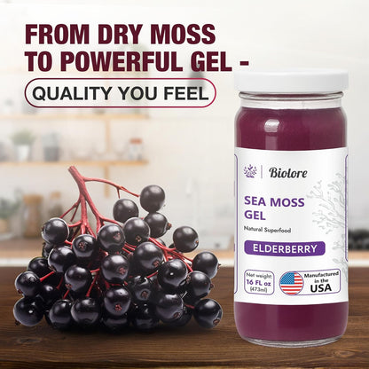 Sea moss gel jar with elderberries on a wooden surface, featuring Bioture branding.