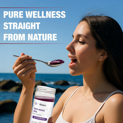Woman eating sea moss gel with text 'Pure Wellness Straight from Nature' against a blue sky.