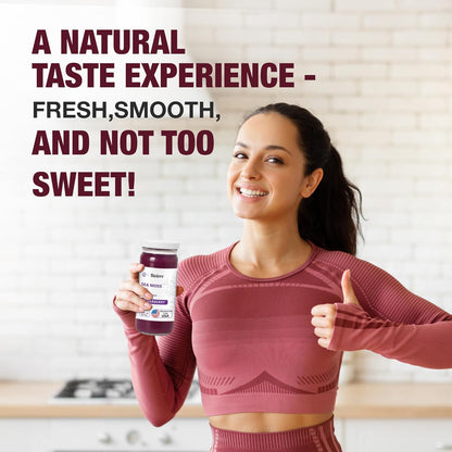 Woman holding a jar with text about a natural taste experience