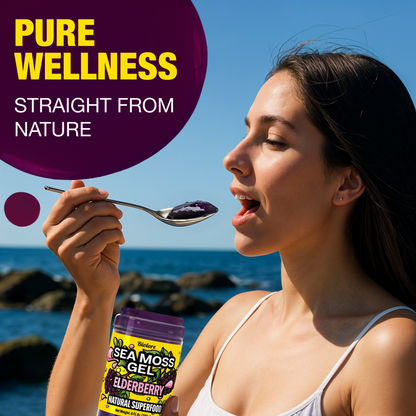 Woman eating Biolore elderberry sea moss gel by the ocean highlighting pure wellness and natural superfood benefits.