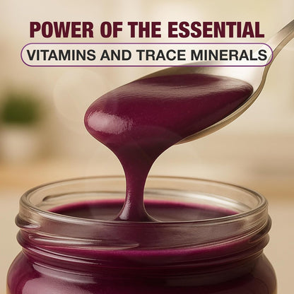 Close-up of elderberry sea moss gel texture on a spoon highlighting vitamins and trace minerals.
