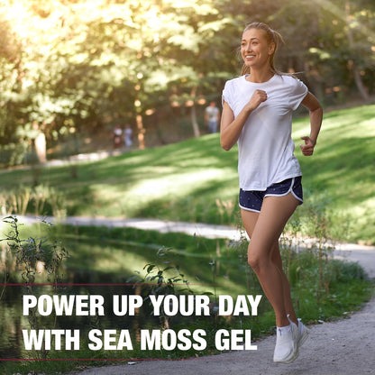 Woman running outdoors with text overlay 'Power up your day with sea moss gel'.