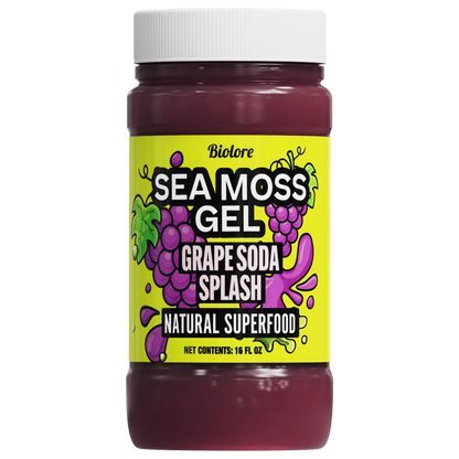 Bottle of Sea Moss Gel with Grape Soda Splash flavor on a white background