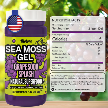 Biolore grape soda splash sea moss gel jar with nutrition facts label and made in USA icon.