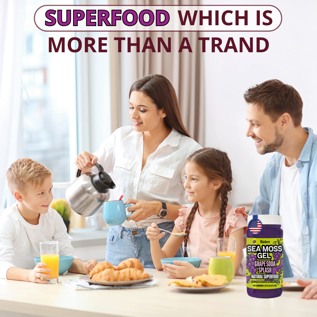 Family having breakfast together with Biolore grape splash sea moss gel as part of a healthy lifestyle.