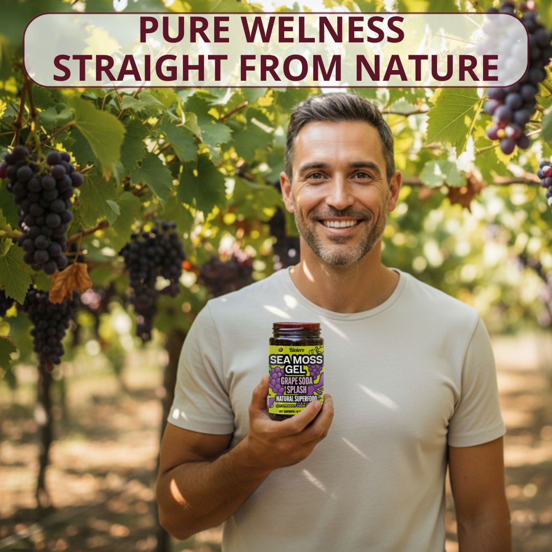 Man holding Biolore grape splash sea moss gel jar in a vineyard representing natural wellness.