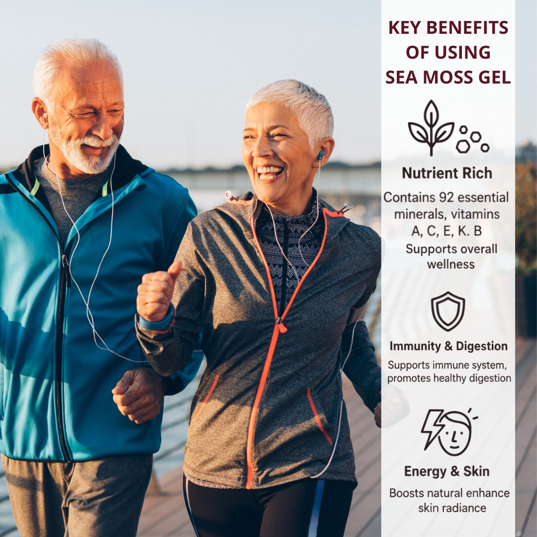 Two people jogging outdoors with a text panel about sea moss gel benefits.