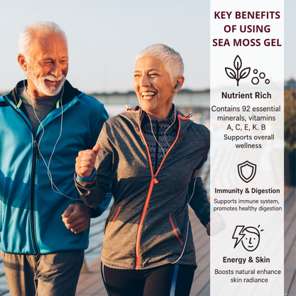 Two people jogging outdoors with a text panel about sea moss gel benefits.