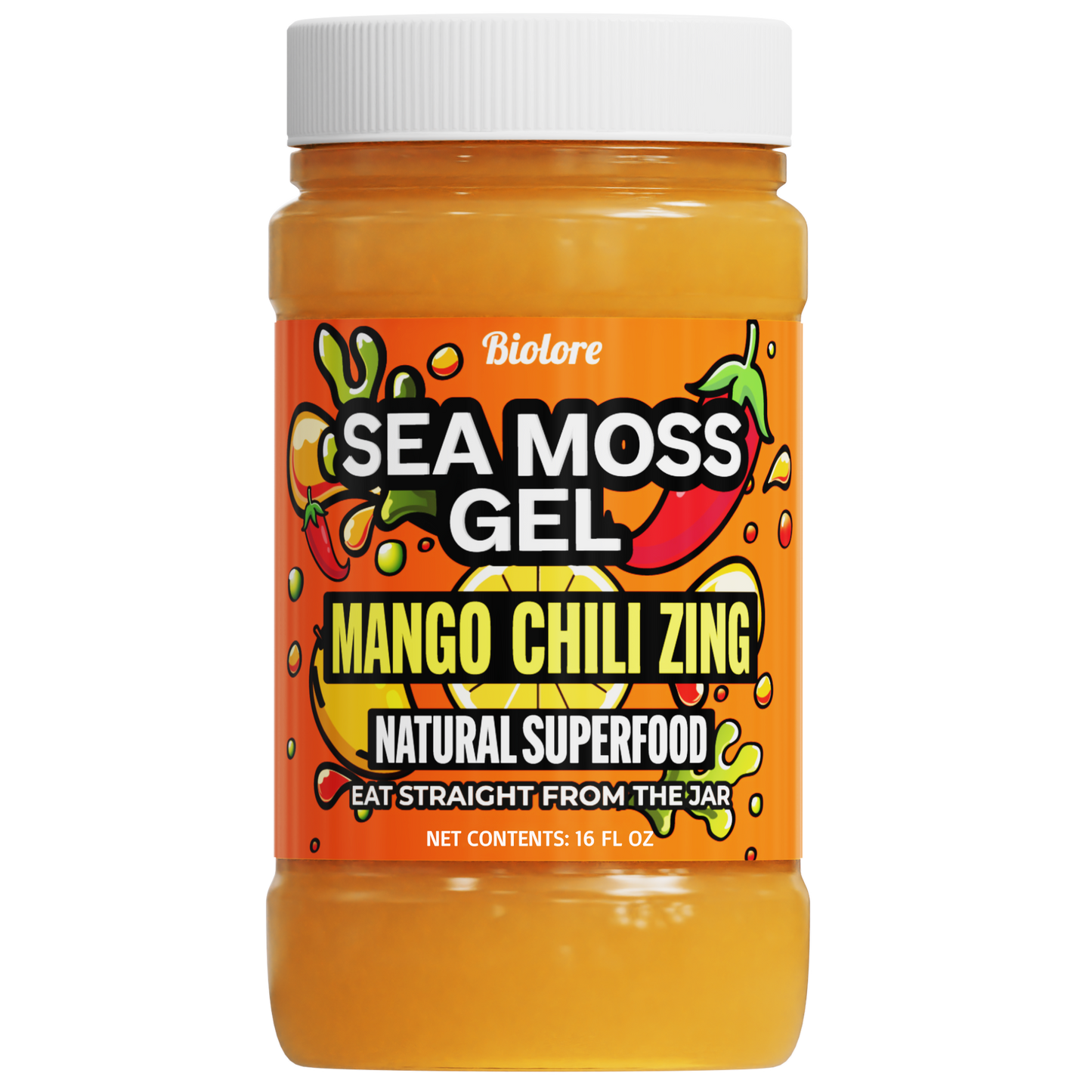 Jar of Sea Moss Gel with Mango Chili Zing flavor on a white background