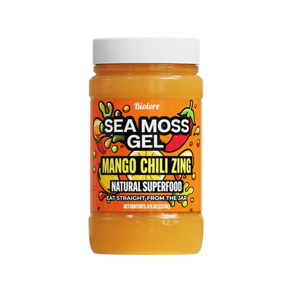 Jar of Sea Moss Gel with Mango Chili Zing flavor on a white background